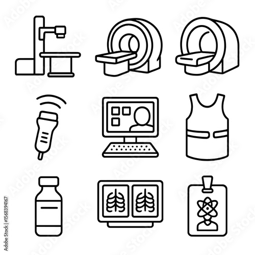 Radiology Equipment Icons. Outline style icons of Radiology Imaging Suite: X-ray machine, CT scanner, MRI tunnel, ultrasound probe