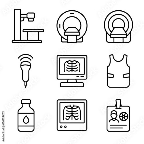 Radiology Equipment Icons. Outline style icons of Radiology Imaging Suite: X-ray machine, CT scanner, MRI tunnel, ultrasound probe