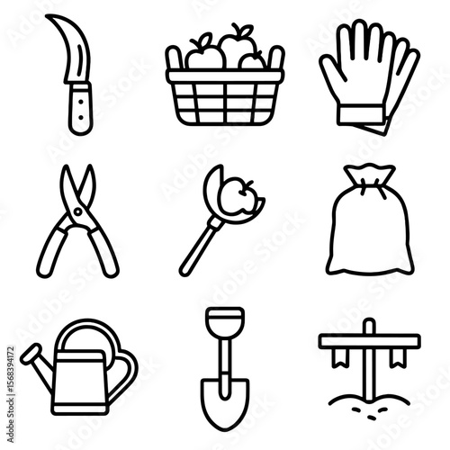 Farmers Harvest Tools Icons. Outline style icons of Farmers Harvest Tools: harvest knife, produce basket, garden gloves, grape