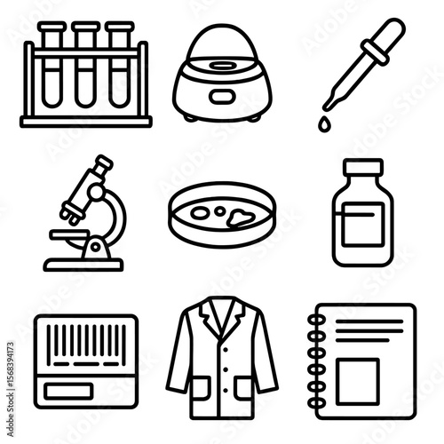 Laboratory Equipment Icons. Outline style icons of Clinical Laboratory Testing: test tube rack, centrifuge, pipette, microscope,