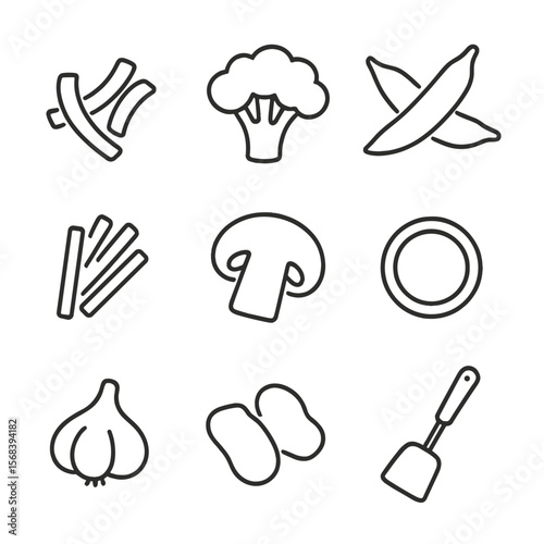 Veggie Stir-Fry Icons. Outline style icons of Veggie Stir-Fry Prep: bell pepper strips, broccoli florets, snap peas, carrot