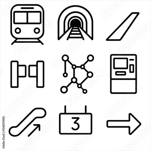 Subway Icons Outline. Outline style icons of Subway Network: subway train, underground tunnel, platform edge, turnstile gate,