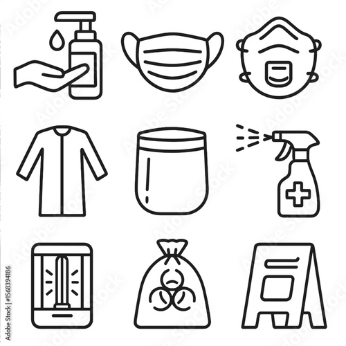Infection Control Icons. Outline style icons of Infection Control Measures: hand sanitizer dispenser, surgical mask, N95