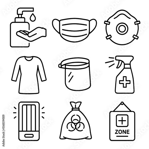 Infection Control Icons. Outline style icons of Infection Control Measures: hand sanitizer dispenser, surgical mask, N95