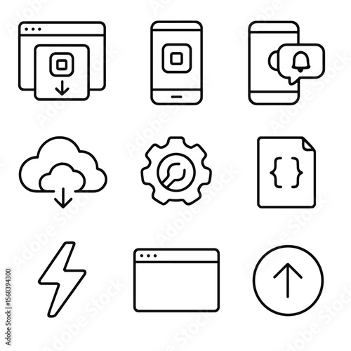 Progressive Web App Icons. Outline style icons of Progressive Web App: install prompt, home screen icon, push notification,