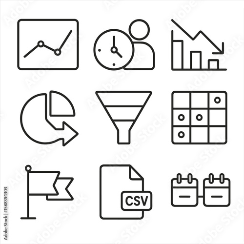 Web Analytics Icons. Outline style icons of Web Analytics Reports: page views graph, user session clock, bounce rate arrow,