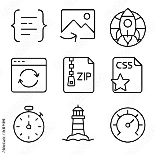 Web Performance Icons. Outline style icons of Web Performance Optimization: minify code braces, lazy load image, CDN rocket, cache