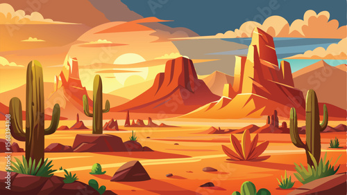Cartoon Desert Landscape Featuring Cacti, Red Rock Formations, and a Fiery Sunset Sky