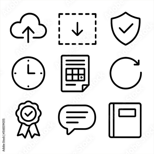 Assignment Portal Icons. Outline style icons of Assignment Submission Portal: upload cloud, drag-drop zone, plagiarism check