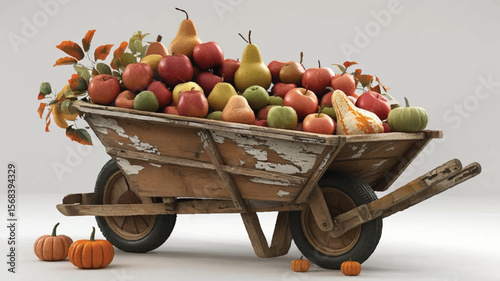Rustic wheelbarrow filled with autumn harvest fruits