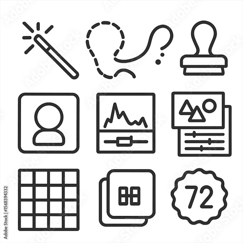 Raster Image Tool Icons. Outline style icons of Raster Image Tools: magic wand, lasso selection, clone stamp, healing brush, layer