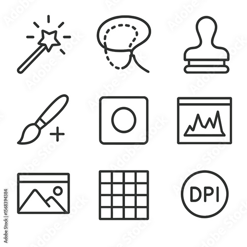Raster Image Tool Icons. Outline style icons of Raster Image Tools: magic wand, lasso selection, clone stamp, healing brush, layer