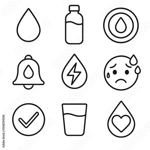 Hydration Symbol Icons. Outline style icons of Hydration Symbols: water drop, refill bottle, hydration tracker ring, thirst alert
