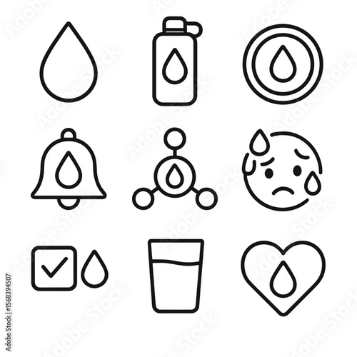 Hydration Symbol Icons. Outline style icons of Hydration Symbols: water drop, refill bottle, hydration tracker ring, thirst alert