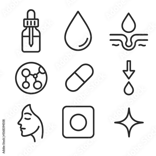Cosmetic Serum Icons. Outline style icons of Cosmetic Serum Drops: pipette bottle, glossy droplet, skin hydration icon, collagen
