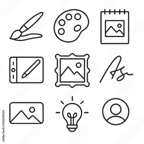 Creative Portfolio Icons. Outline style icons of Creative Portfolio Profile: paintbrush stroke, color palette, sketchbook page,