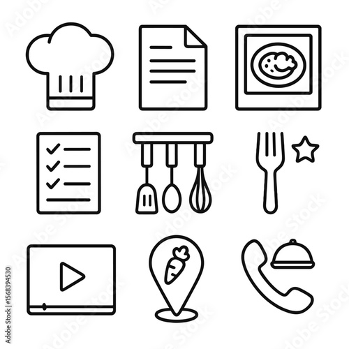 Chef & Foodie Icons. Outline style icons of Chef & Foodie Profile: chef hat, recipe card, plated dish photo, ingredient list,