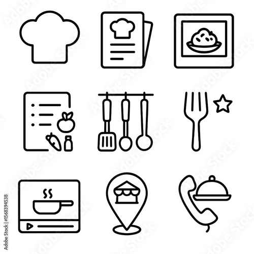 Chef & Foodie Icons. Outline style icons of Chef & Foodie Profile: chef hat, recipe card, plated dish photo, ingredient list,
