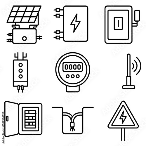 Rooftop Solar Inverter Icons. Outline style icons of Rooftop Solar Inverter Setup: micro-inverter, AC combiner, DC disconnect