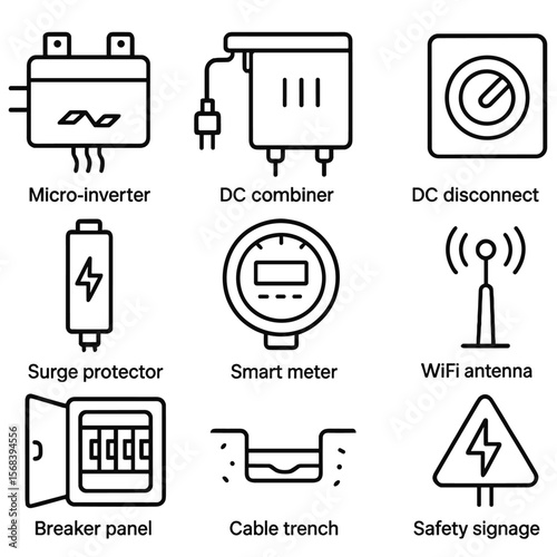 Rooftop Solar Inverter Icons. Outline style icons of Rooftop Solar Inverter Setup: micro-inverter, AC combiner, DC disconnect