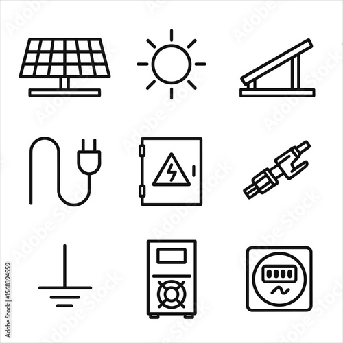 Solar Panel Icons. Outline style icons of Solar Panel Array: photovoltaic panel row, sun icon, tilt mount rail, DC cable, combiner
