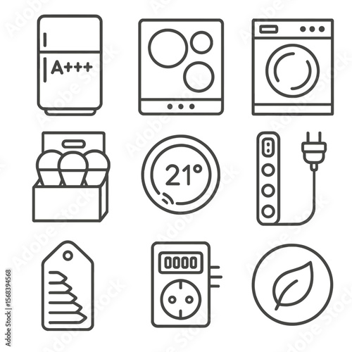 Energy-Efficient Appliance Icons. Outline style icons of Energy-Efficient Appliances: A+++ fridge, induction cooktop, heat pump