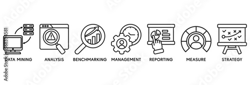 Business intelligence icon set vector illustration concept relate to data mining, analysis, benchmarking, management, reporting, measure, and strategy
