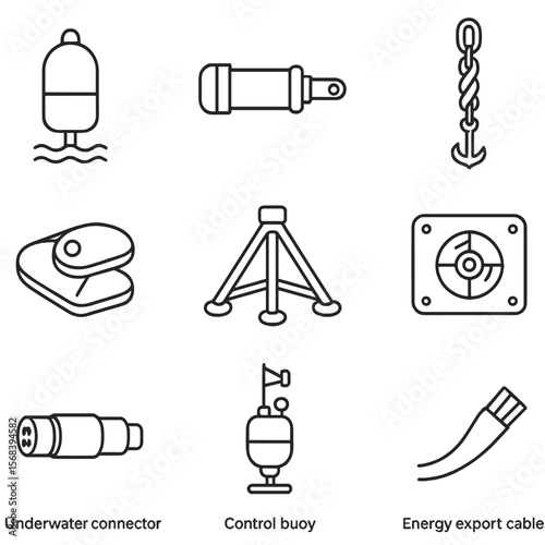 Wave Energy Icons. Outline style icons of Wave Energy Converter: oscillating buoy, hydraulic piston, anchor cable, float hinge,