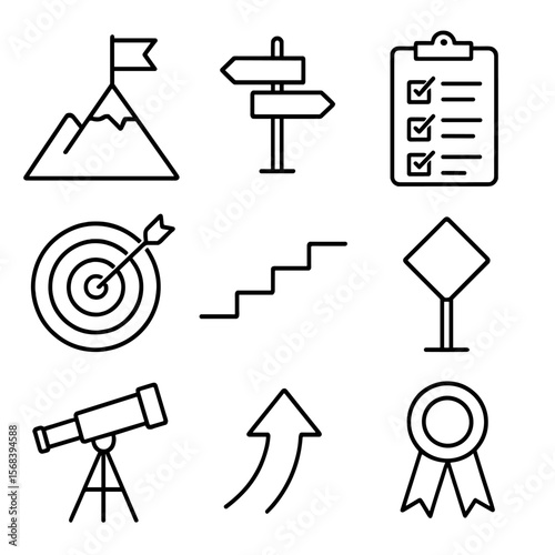Goal Icon Journey. Outline style icons of Goal Setting Journey: mountain summit flag, roadmap signpost, checklist clipboard,