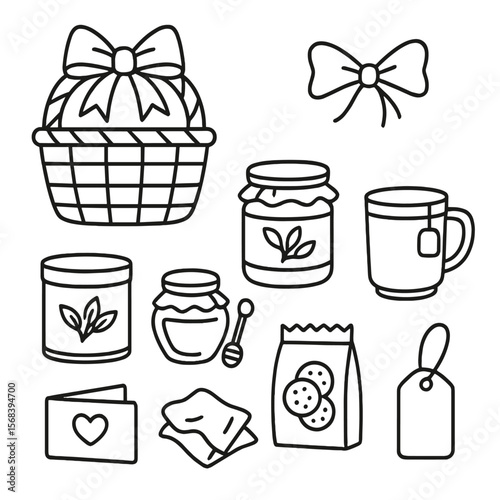 Tea Gift Basket Icons. Outline style icons of Tea Gift Basket: wicker basket, decorative ribbon, assorted teas tin, honey jar,