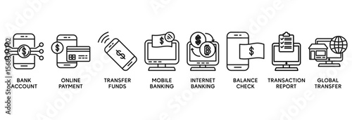 Online banking icon set vector illustration concept relate to account, online payment, transfer funds, mobile banking, internet banking, balance check, transaction report, global transfer