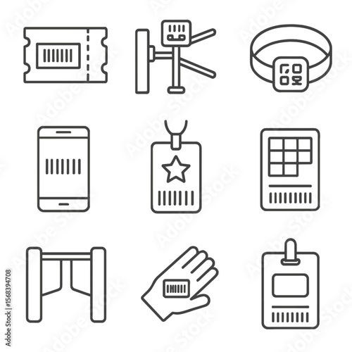 Event Icon Collection. Outline style icons of Event Ticket Barcodes: concert ticket barcode, stadium turnstile scanner, wristband