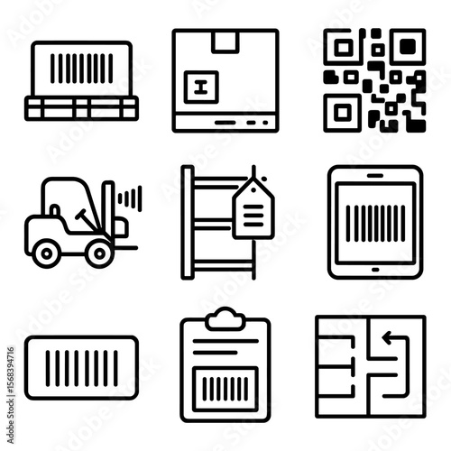 Warehouse Barcode Icons. Outline style icons of Warehouse Inventory Barcodes: pallet ID barcode, carton label, QR location code,