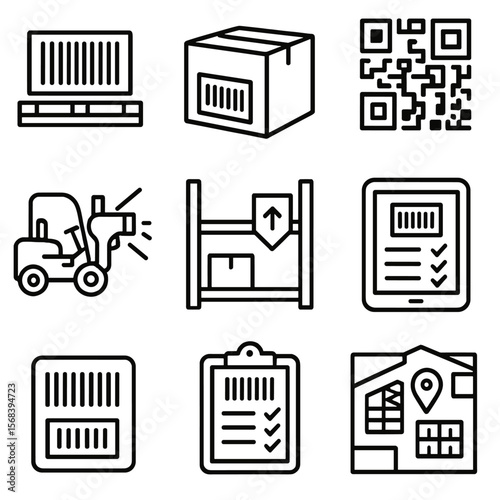 Warehouse Barcode Icons. Outline style icons of Warehouse Inventory Barcodes: pallet ID barcode, carton label, QR location code,