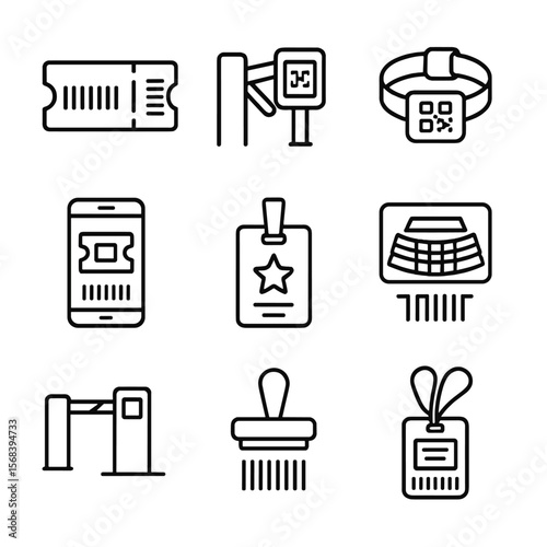 Event Icon Collection. Outline style icons of Event Ticket Barcodes: concert ticket barcode, stadium turnstile scanner, wristband