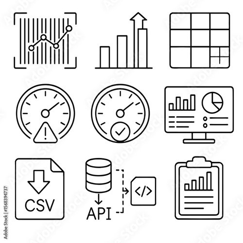 Barcode Analytics Icons. Outline style icons of Barcode Data Analytics: scan count chart, peak hour graph, heatmap grid, error