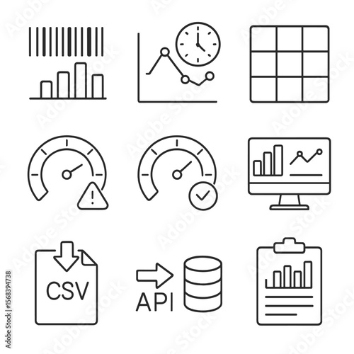 Barcode Analytics Icons. Outline style icons of Barcode Data Analytics: scan count chart, peak hour graph, heatmap grid, error