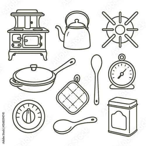 Retro Stove Icons. Line style icons of Retro Stove Cooking: cast-iron range, enamel kettle, stove burner grate, oven thermometer,
