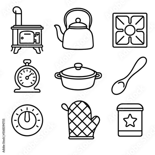 Retro Stove Icons. Line style icons of Retro Stove Cooking: cast-iron range, enamel kettle, stove burner grate, oven thermometer,