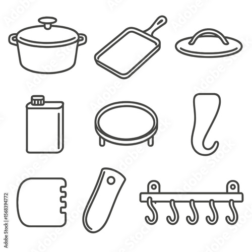 Heritage Cast-Iron Icons. Line style icons of Heritage Cast-Iron Set: dutch oven pot, griddle pan, skillet hook, seasoning oil tin