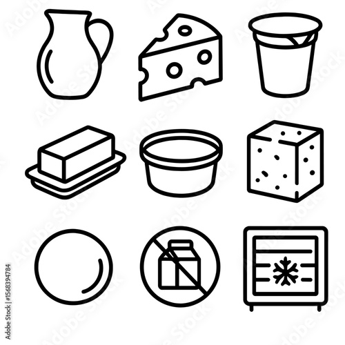 Dairy Icon Collection. Line style icons of Dairy Section Picks: milk jug, cheddar wedge, yogurt cup, butter slab, cream cheese tub