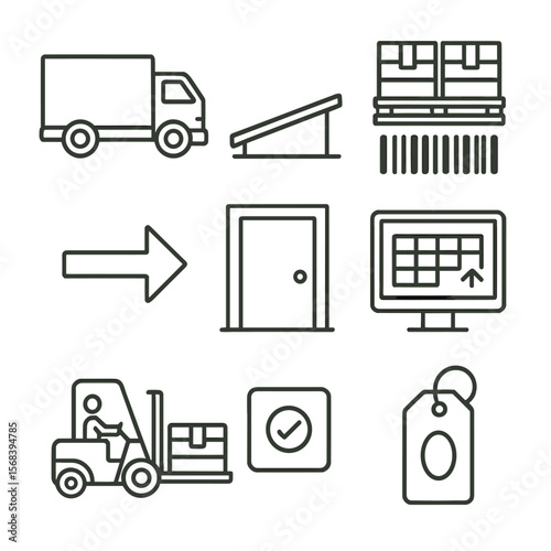 Cross-Docking Icons Overview. Line style icons of Cross-Docking Operation: incoming truck, unload ramp, temporary staging lane,