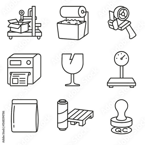 Packaging Line Icons. Line style icons of Packaging & Labeling Station: carton erector machine, void fill dispenser, tape gun,