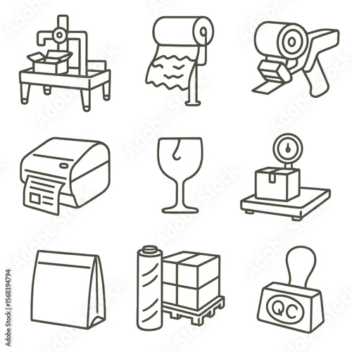 Packaging Line Icons. Line style icons of Packaging & Labeling Station: carton erector machine, void fill dispenser, tape gun,