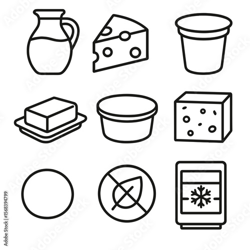 Dairy Icon Collection. Line style icons of Dairy Section Picks: milk jug, cheddar wedge, yogurt cup, butter slab, cream cheese tub
