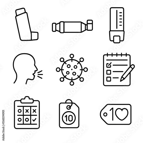 Asthma Management Icons. Line style icons of Asthma Management Kit: rescue inhaler, spacer chamber, peak flow meter, asthma action