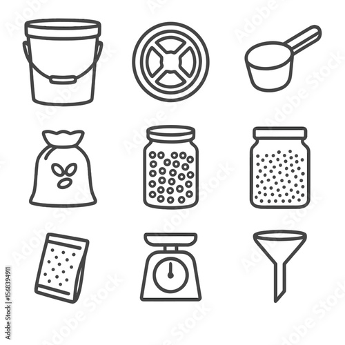 Bulk Storage Icons. Line style icons of Bulk Dry Goods Storage: 5-gallon bucket, gamma seal lid, scoop cup, oatmeal sack, lentil