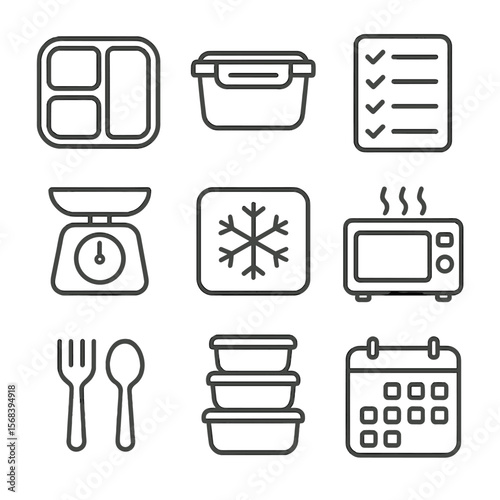 Meal Prep Essentials Icons. Line style icons of Meal Prep Containers: divided lunch box, snap lid, meal plan card, portion control