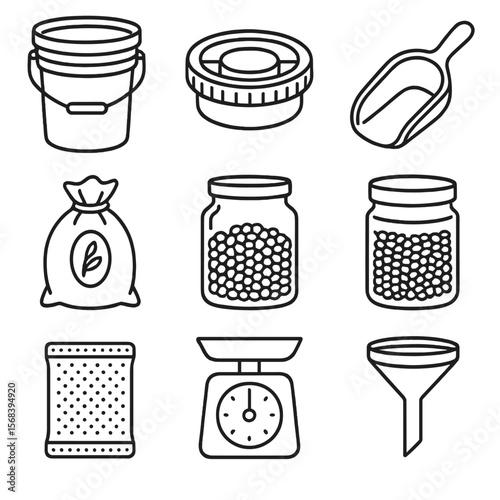 Bulk Storage Icons. Line style icons of Bulk Dry Goods Storage: 5-gallon bucket, gamma seal lid, scoop cup, oatmeal sack, lentil