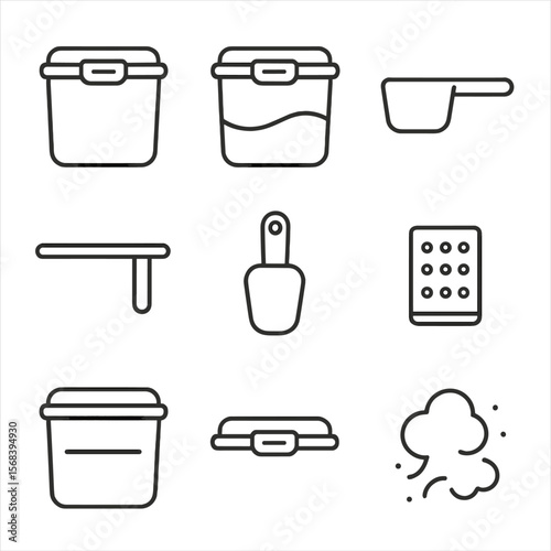 Sugar & Flour Duo. Line style icons of Sugar & Flour Keeper Duo: flour bucket, sugar bucket, flip scoop handle, leveler bar,